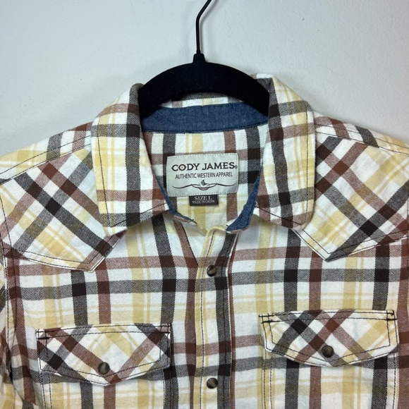 Cody James Boys Plaid Flannel Pearl Snap Shirt Beige Brown Western Pockets Large - Picture 4 of 15